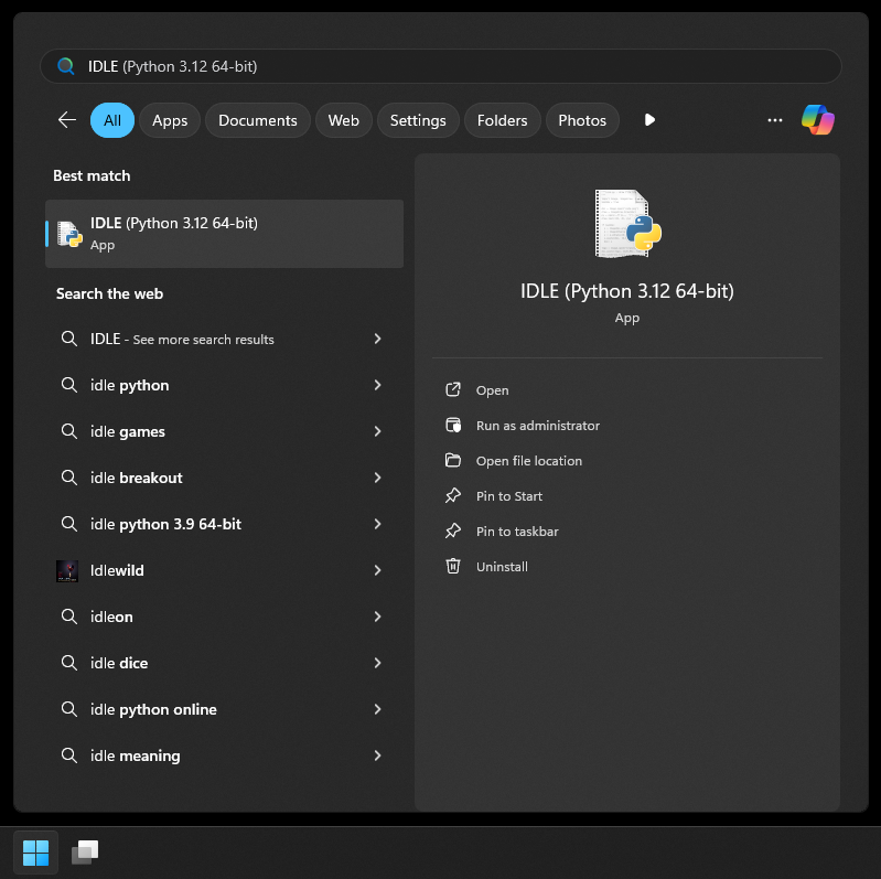 On my system, the full name of the application that I need to open is “IDLE (Python 3.12 64-bit)”.